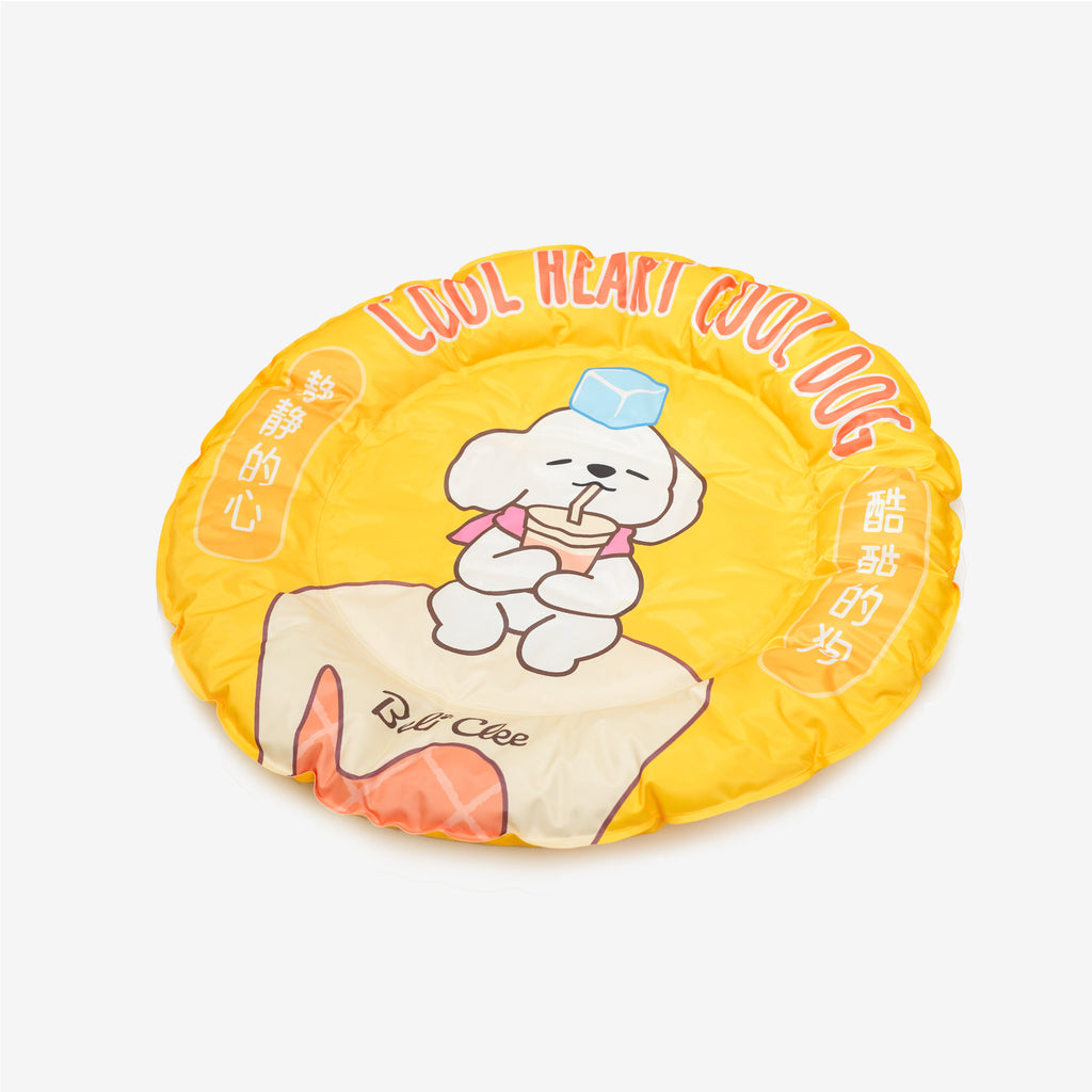 Yellow donut cooling dog bed, angled view