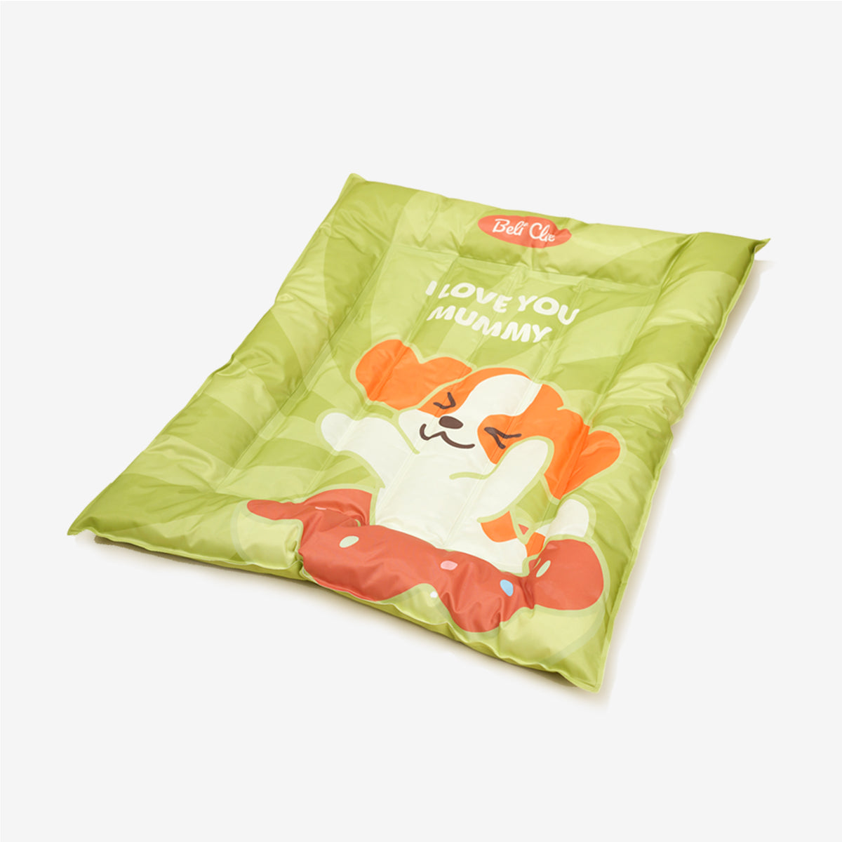 Green square cooling dog bed, angled view