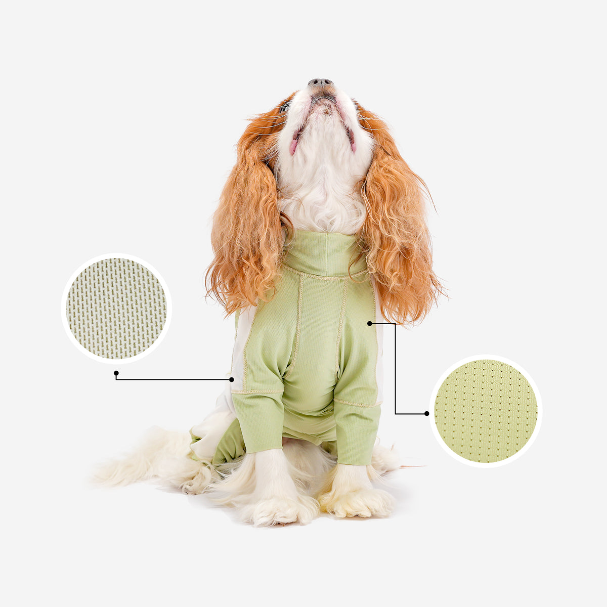 Green mesh jumpsuit with fabric detail swatches
