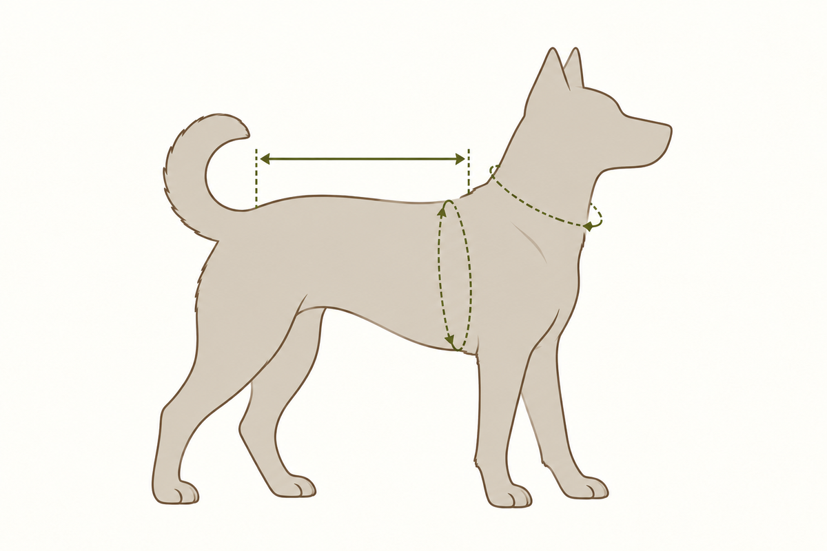 Measure neck, chest and back length while the dog stands upright