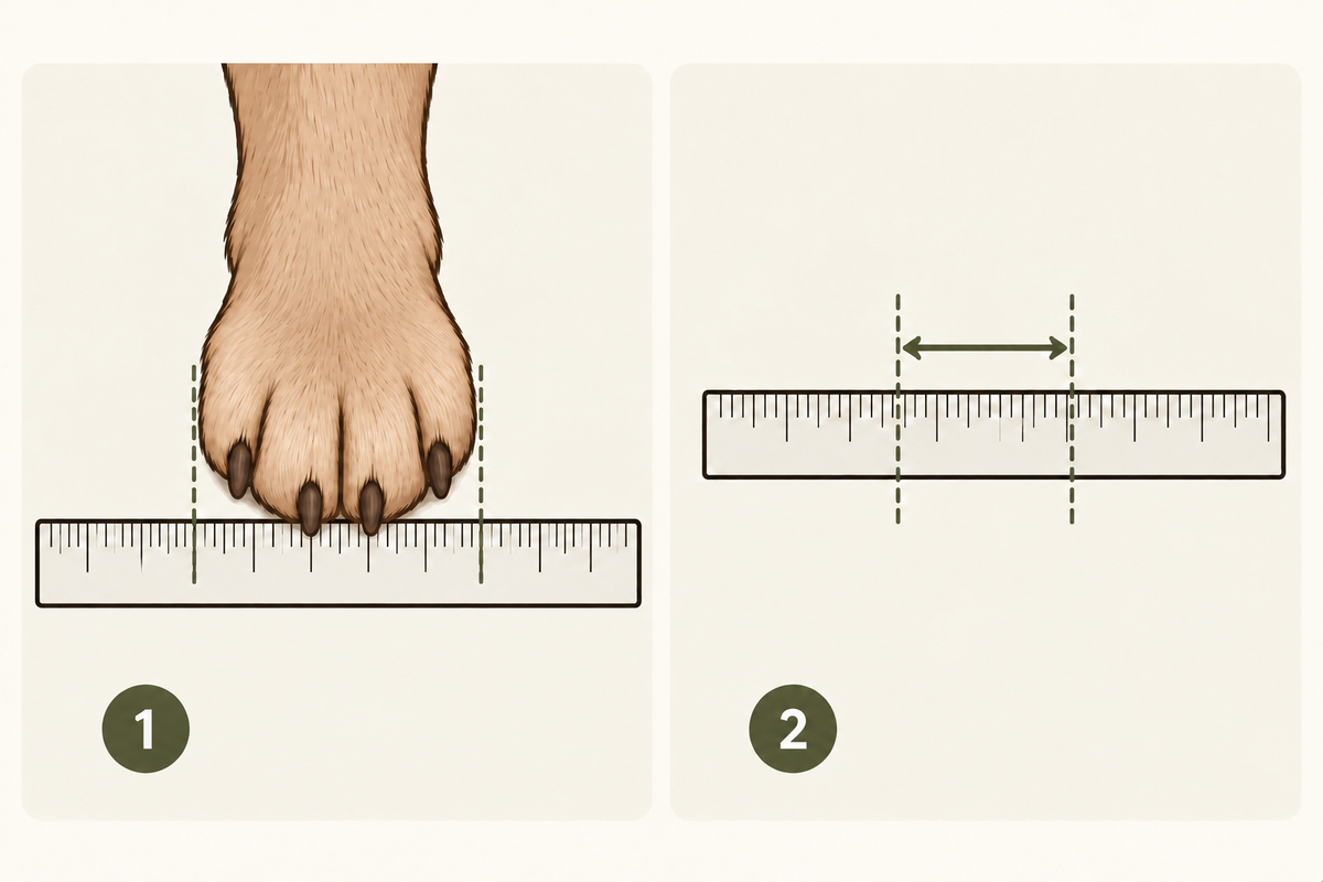 Measure each paw’s widest pad width with a horizontal ruler