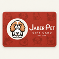 Jaber Pet and Beli Clee gift card featuring the two-dog mascot on a brick-red card with an ivory background