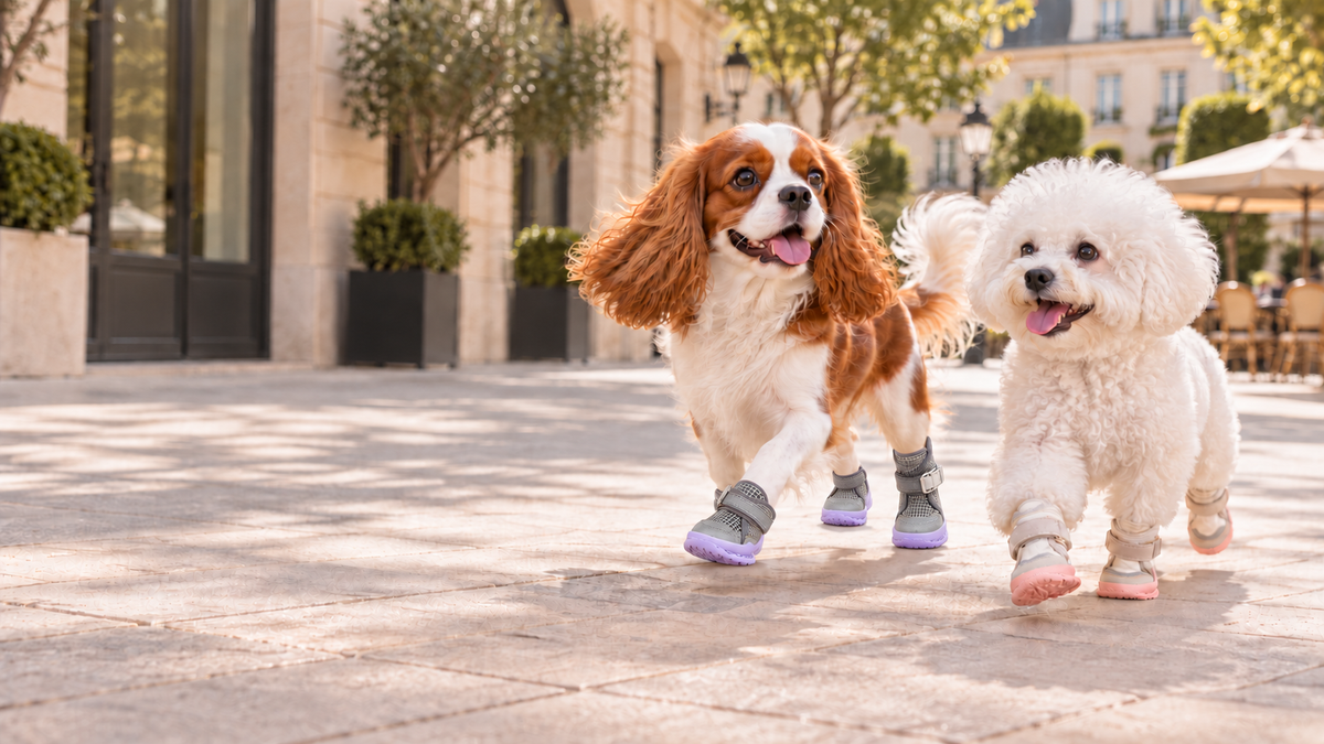AI-generated editorial scene of Cavalier in Cosmic Purple shoes, low-cut at the front and mid-cut at the rear, and Bichon in Pearl Pink shoes